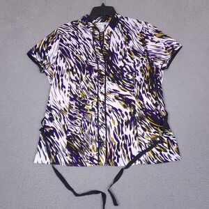 Fred David Blouse Top Womens XL White Purple‎ Button Up Cap Sleeve Stretch Tie